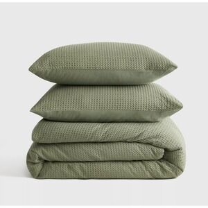 Quince Organic Luxe Honeycomb Duvet Cover Set Olive Full/Queen w/ 2 Shams Waffle